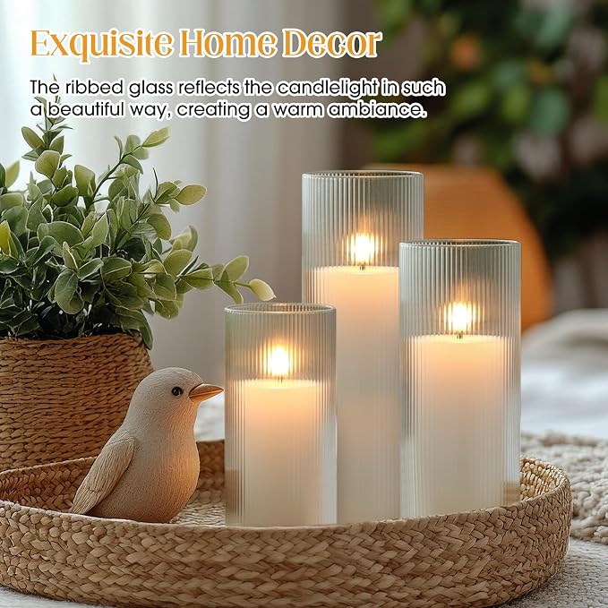 12 Pcs Wedding Pillar Candles and Ribbed Glass Candle Holder Vases Tall Cylinder Holders for Pillar Candle Clear Ribbed Bud Vase for Wedding Table Centerpiece, Total 6 Sets