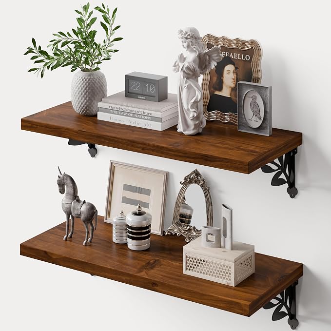 24 Inch 2 Tier Solid Wood Floating Shelves for Wall with Metal Brackets | 24 inch solid pine shelves, 2 tier, walnut finish, metal brackets for books, decor and home storage