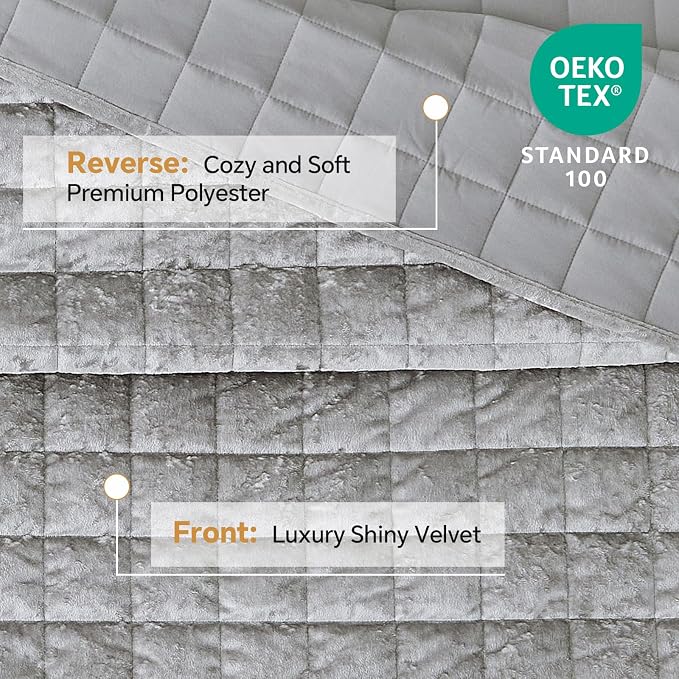 BEDELITE Velvet Quilt Set Queen Size - Luxury Soft Velvet Comforter Bedding Set for All Season, Lightweight Quilted Box Stitch Oversized Bedspread Coverlet with 2 Matching Shams, Shiny Light Grey