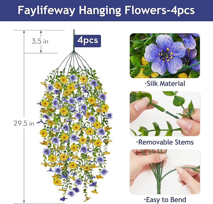 Artificial Hanging Flowers for Outdoors Spring Summer Decoration, 4PCS UV Resistant Silk Fake Hanging Plants for Patio Porch Front Yard Window Garden Indoor Decor(Blue&Yellow,4PCS)