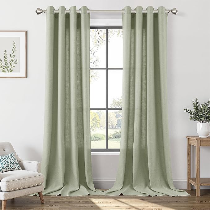 Sage Green Linen Curtains 108 Inch Length for Living Room 2 Panels Set Soft Thick Textured Grommet Design Semi Sheer Light Filtering Window Curtain Drapes Burlap Look Rustic Farmhouse Decor 52x108