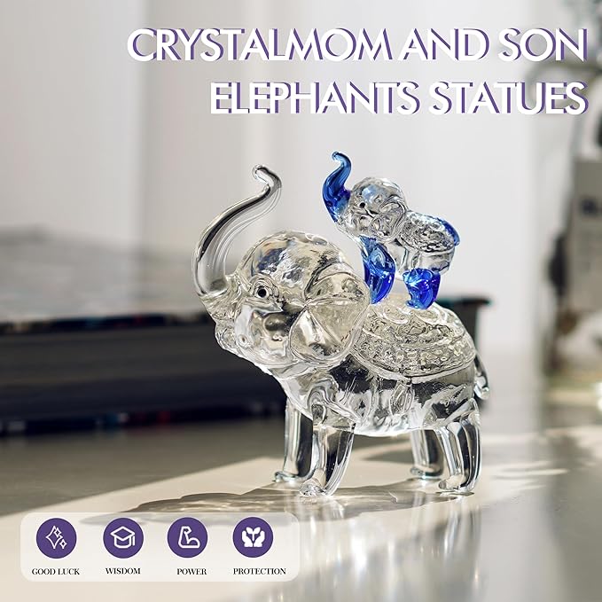 Crystal Elephant Figurines Collectible Glass Elephants Figurine Decor for Home Office Tabletop Mother's Birthday Housewarming Gifts for Women (Mom and Son)