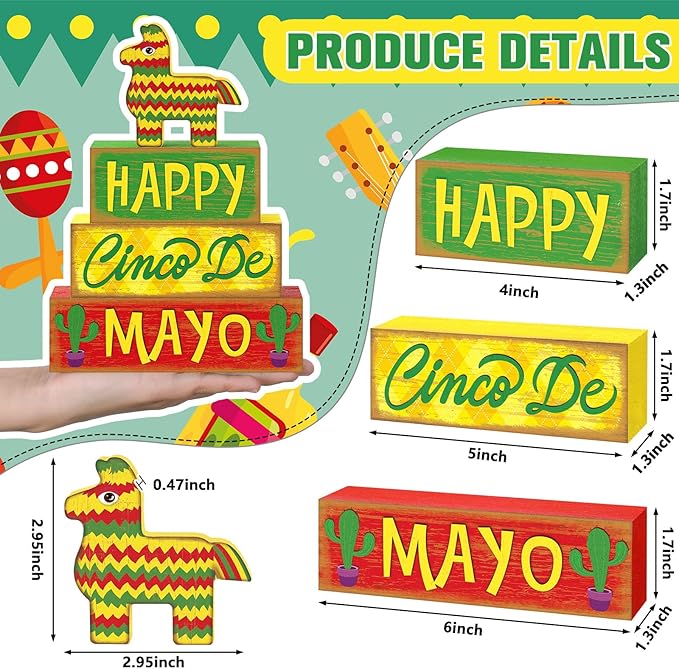 Marsui 4 Pcs Cinco De Mayo Decor Wooden Mexican Tabletop Decorations Rustic Fiesta Tiered Tray Decor Decorative Wooden Donkey Pinata Block Sign Farmhouse Mexican Table Centerpiece for Home Decorations