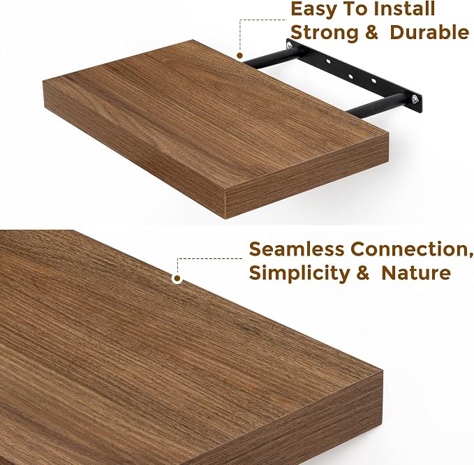 16 inch Floating Shelves for Wall, Walnut Wooden Floating Shelves, 9.3in Deep Rustic Wall Shelves for Bathroom Living Room Kitchen Bedroom Bookshelf Storage & Organizer, 16 x 9.3 x 1.5 in, 2 Packs