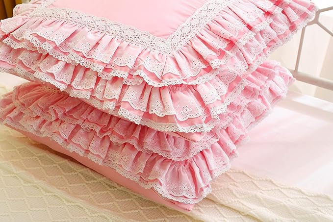 2-Pack Luxury Lace Pink Euro Shams Throw Pillow Covers Cushion Cases with Ruffles Cotton 26"X26" Zipper Closure Elegant