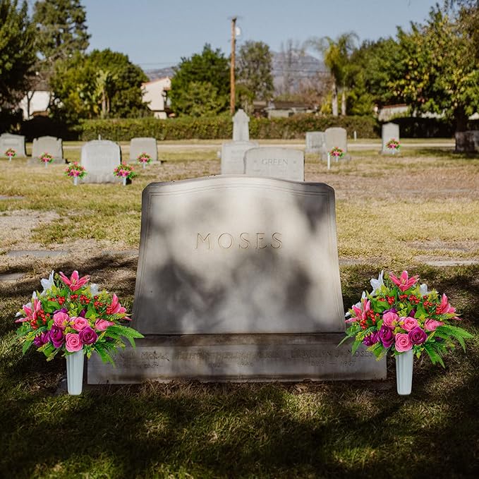 XONOR Artificial Cemetery Flowers with Vase, Set of 2 Artificial Rose Lily Bouquet Graveyard Memorial Flowers for Cemetery Headstones Decoration