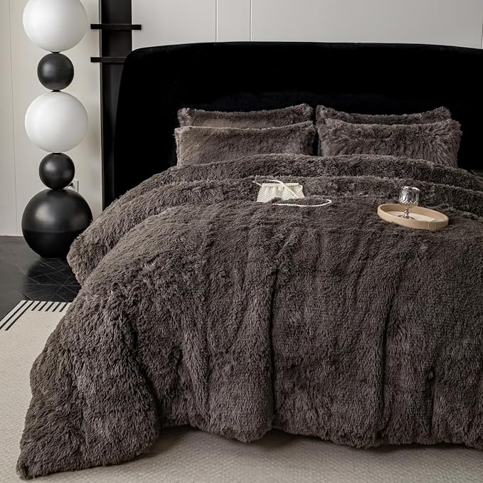 chovy Faux Fur Plush Gray Comforter Sets King - Ultra Soft Shaggy Flannel Velvet Fluffy Fuzzy 3PC Bedding Set (Comforter x 1 Pillowcases x 2)