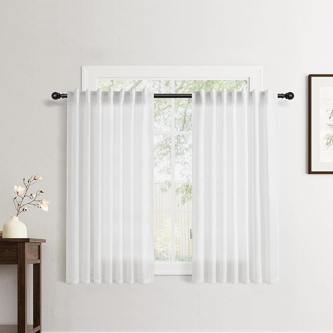 Jowels White Linen Curtains 48 Inch Long 2 Panels for Living Room | Light Filtering Semi Sheer Curtain, Back Tab Pocket Pleated Look, Boho Farmhouse Textured Privacy Drapes for Bedroom Window