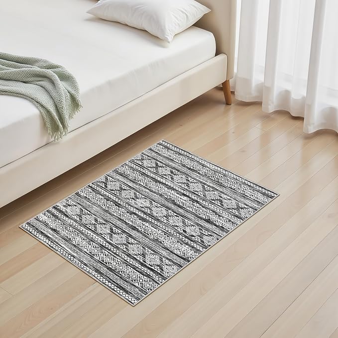 Tortania Area Rug Living Room Rugs - 2x3 Washable Soft Neutral Boho Moroccan Farmhouse Mat Indoor Floor Carpet for Bedroom Hallway Entryway Kitchen Home Office Decor - Black White