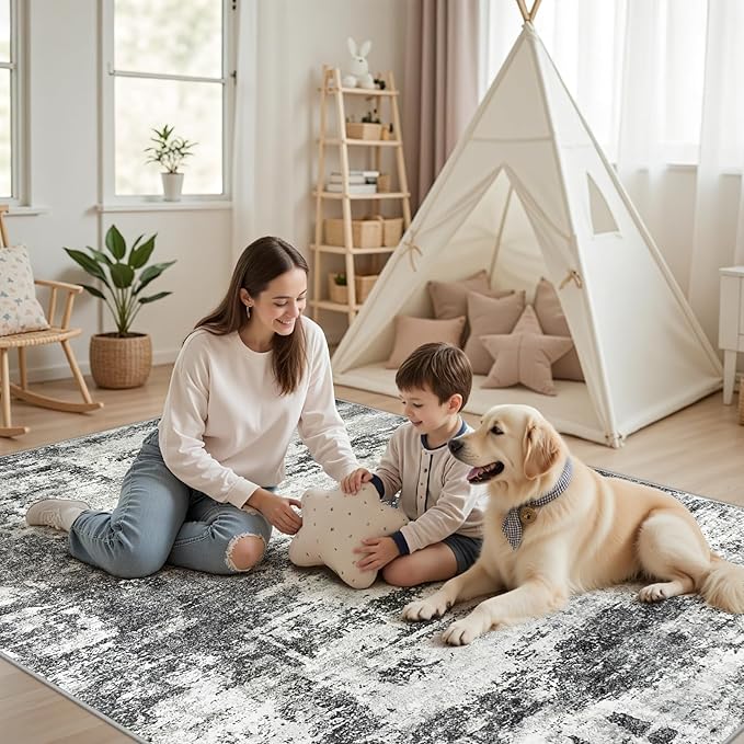 9x12 Area Rugs Living Room Rugs: Large Washable Rug with Anti-Slip Backing Non-Shedding Stain-Resistant Soft Abstract Carpet for Bedroom Dining Room Nursery Home Office - Black