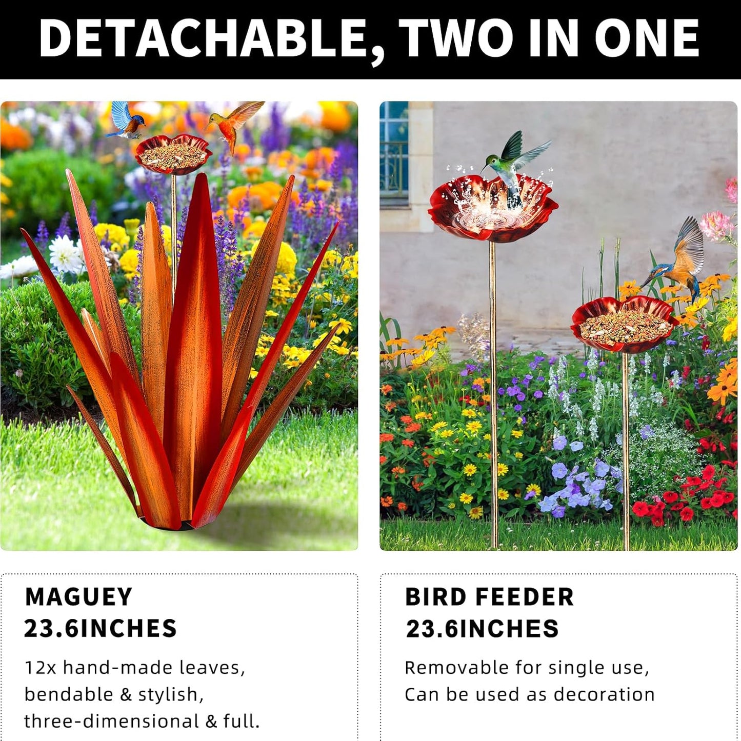 Large Tequila Rustic Sculpture, Rustic Metal Agave Plants for Outdoor Patio Yard, Home Decor Hand Painted Metal Agave Garden Yard Statue, Outdoor Lawn Ornaments (Red - L (W/Bird Feeder))