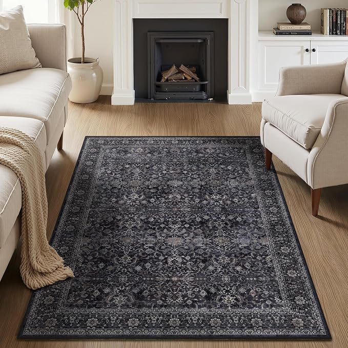 Dark 4x5 Area Rugs, Washable Throw Rugs with Rubber Backing for Kitchen Entryway, Low Pile Thin Throw Carpet Rug for Foyer/Nursery/Home Office/Living Room, Vintage Farmhouse Midnight