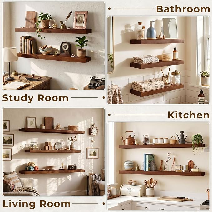 40 inch Floating Shelves for Wall, High End Solid Real Wood Floating Shelf with Heavy Duty Invisible Bracket 40in Long Wooden Wall Shelves for Living Room, Bedroom, Kitchen, Bathroom, Set of 2, Walnut