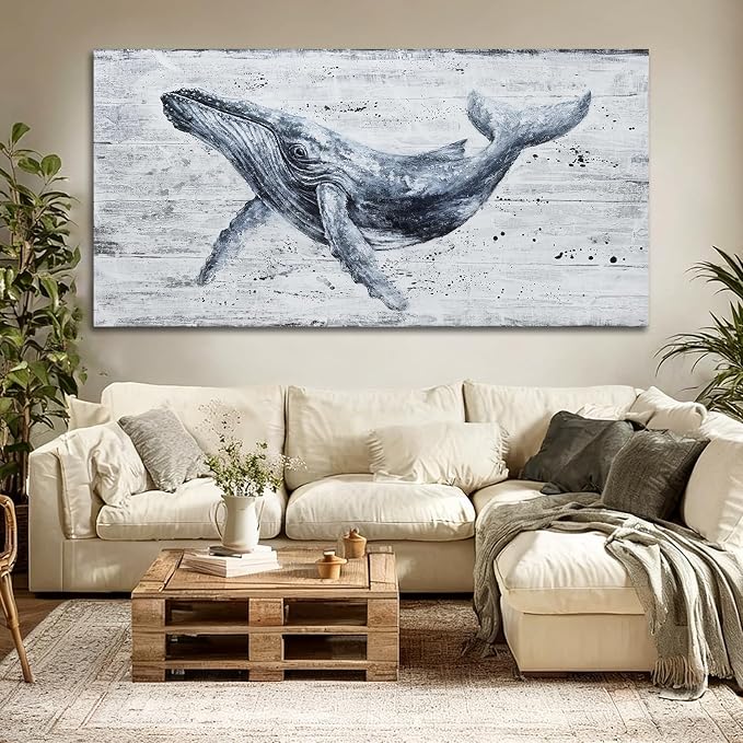 Large Whale Wall Art Monochrome Abstract Sea Life Canvas Posters print Contemporary Coastal Artwork for Living Room Office Bedroom Decor 29x58inch