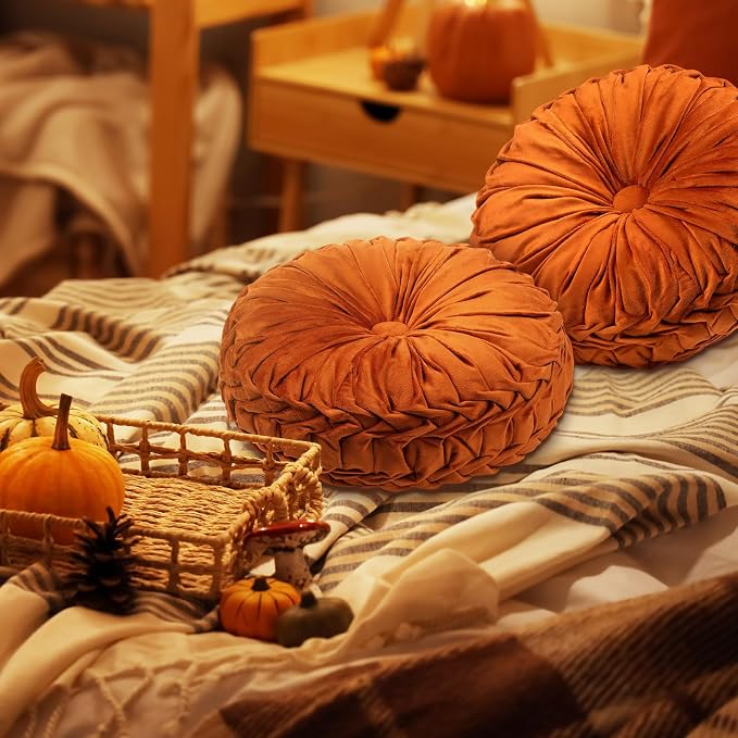 Beeveer 2 Pcs Round Throw Pillows 15 Inch Decorative Velvet Pleated Pumpkin Pillows Boho Floor Pillow with Center Button for Living Room Couch Chair Bed Sofa Home Decoration (Orange)