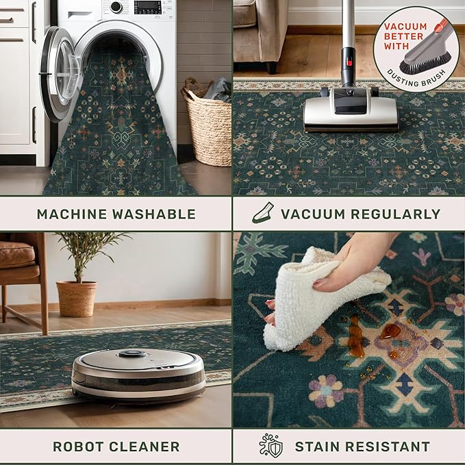 Hazo Haus Dark Green 2x6 Kitchen Rug - Modern Vintage Boho Eclectic Floral with Brown Accent, Washable Low Pile Non-Slip Runner Rugs for Bathroom, Door Mat Indoor Entrance, Hallway, Bedroom, Laundry