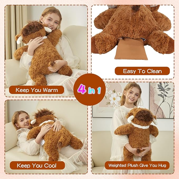 GILFWM 25" 5 Lbs Weighted Stuffed Animals Highland Cow, Heatable and Coolable Weighted Plush with Microwavable Heating Pad,Removable Soft Washable Cute Plushie Pillow Toy Gifts for Adults and Kids