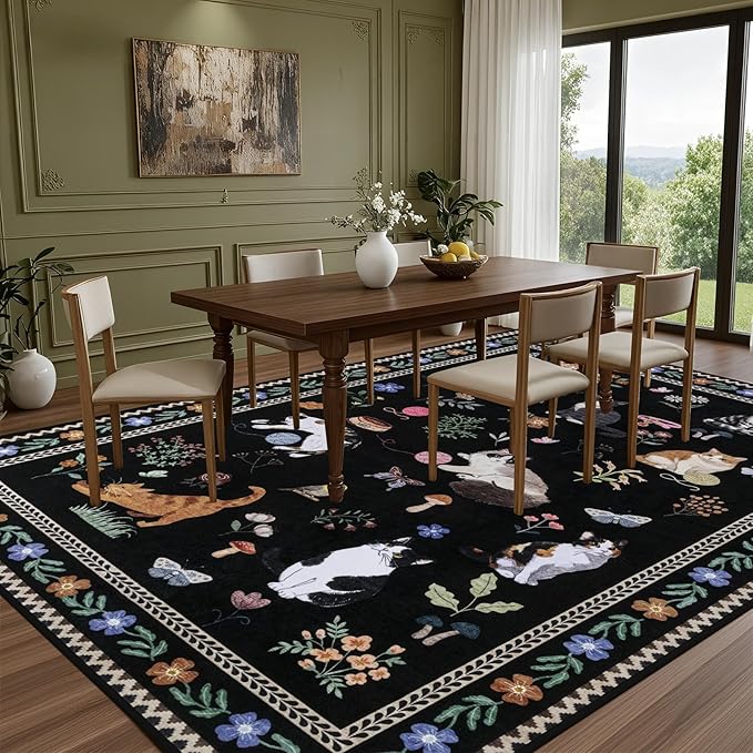 8x10 Area Rugs Living Room Rug: Vintage Washable Rug Floral Soft Carpet Indoor Floor Non-Slip Boho Stain Resistant Large Carpets for Bedroom Kids Nursery Dining Room Farmhouse Home Office Black/C01