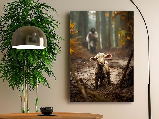 Ploceiny christian gifts for women-men,Religious canvas home decor for prayer room christmas decorations Jesus Running After Lost Lamb Picture Jesus and lamb poster wall decor A-392 (16"X24")