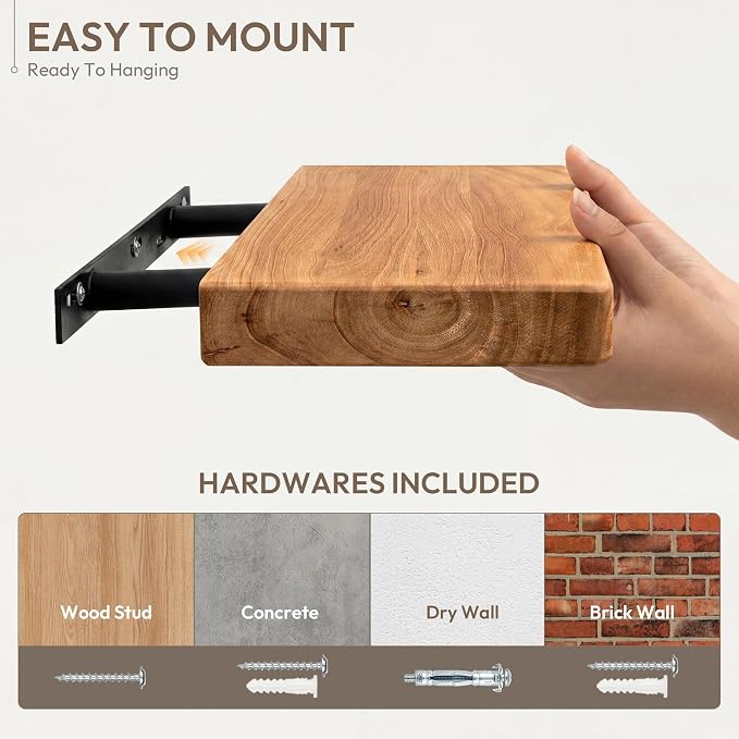 Marsmiles 55 inch Floating Shelves for Wall Solid Elm Wood Wall Mounted Shelves|Rustic Long Floating Shelves with Invisible Bracket for Bathroom Kitchen|Rounded Edge|Natural, 1 Pack