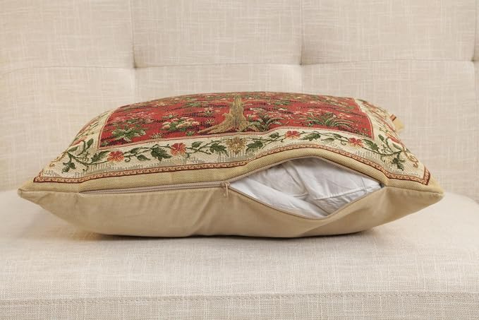 Charlotte Home Furnishings Inc Tapestry Red Tree of Life Throw Pillow Covers 18x18, European 100% Cotton Jacquard Woven Fabric, Boho & Vintage Inspired Decorative Cushion for Living Room and Sofa