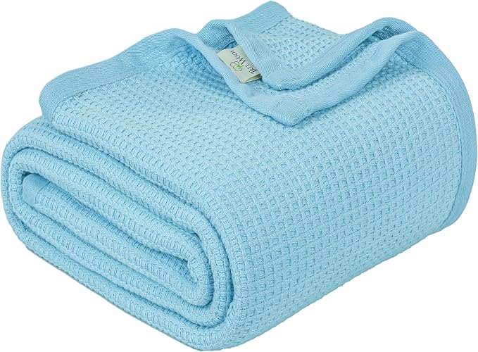 TreeWool Premium 100% Cotton Waffle Summer King Blanket (90"x108", L Blue) | 420 GSM Breathable Lightweight Moisture Wicking Soft Knit Thermal Blanket for Bed or Sofa All-season Comfort Machine Washable