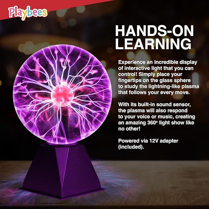 Playbees Purple Plasma Ball - 7 Inch - Tesla Coil Bulb Static Electricity in a Vacuum Pressurized Glass Globe, Nebula, Thunder Lightning, Plug-in - for Parties, Decorations, Prop, STEM