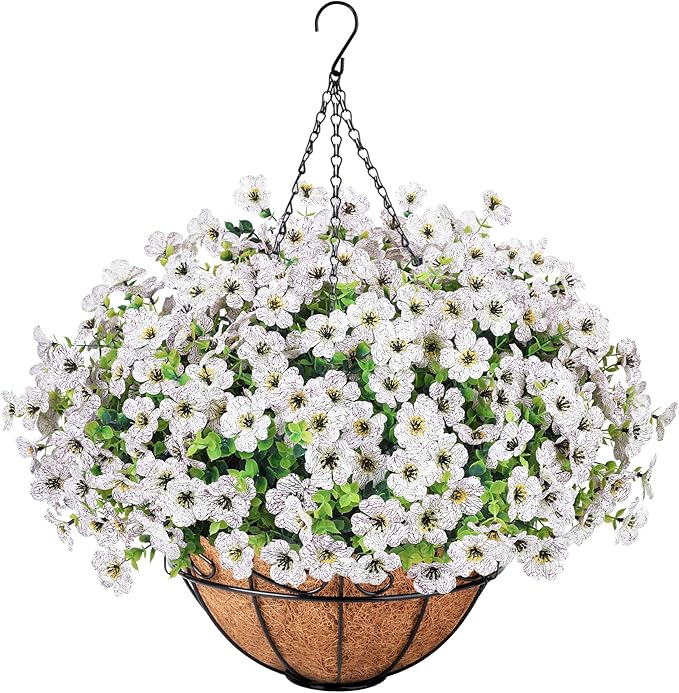 Ouddy Decor Artificial Hanging Flowers with Basket, Fake Hanging Plants with Faux Silk Flowers UV Resistant for Outdoors Indoors Spring Summer Porch Patio Balcony Yard Home Decorations, White