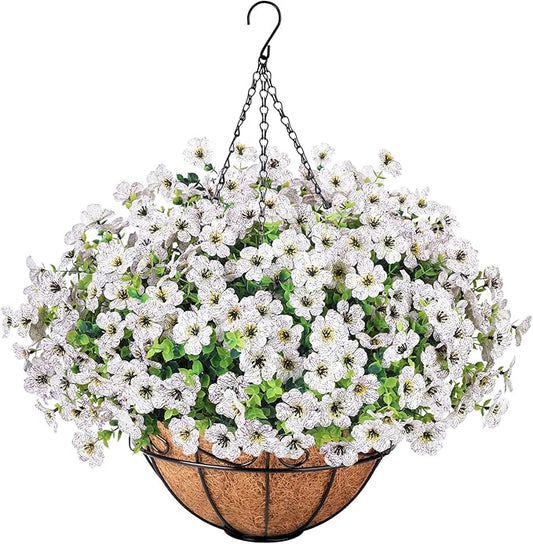 Ouddy Decor Artificial Hanging Flowers with Basket, Fake Hanging Plants with Faux Silk Flowers UV Resistant for Outdoors Indoors Spring Summer Porch Patio Balcony Yard Home Decorations, White