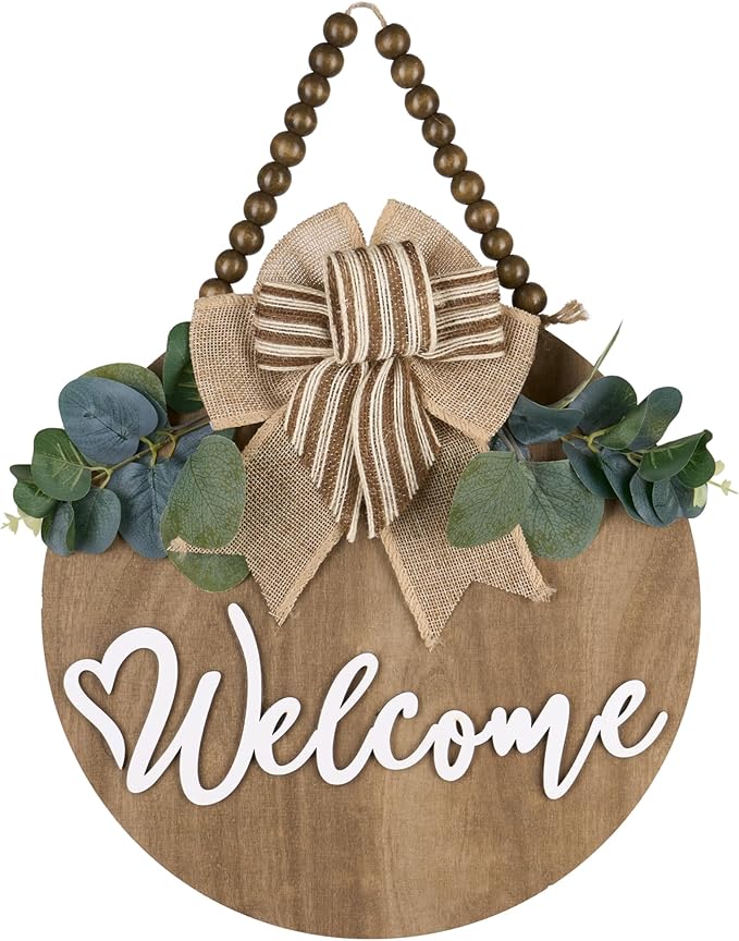 CondorPasea 12 Inch 3D Welcome Sign for Front Door, Round Wooden Welcome Door Sign with Artificial Greenery, Buffalo Plaid Bow & Rustic Beads, Farmhouse Porch Home Decor Gift