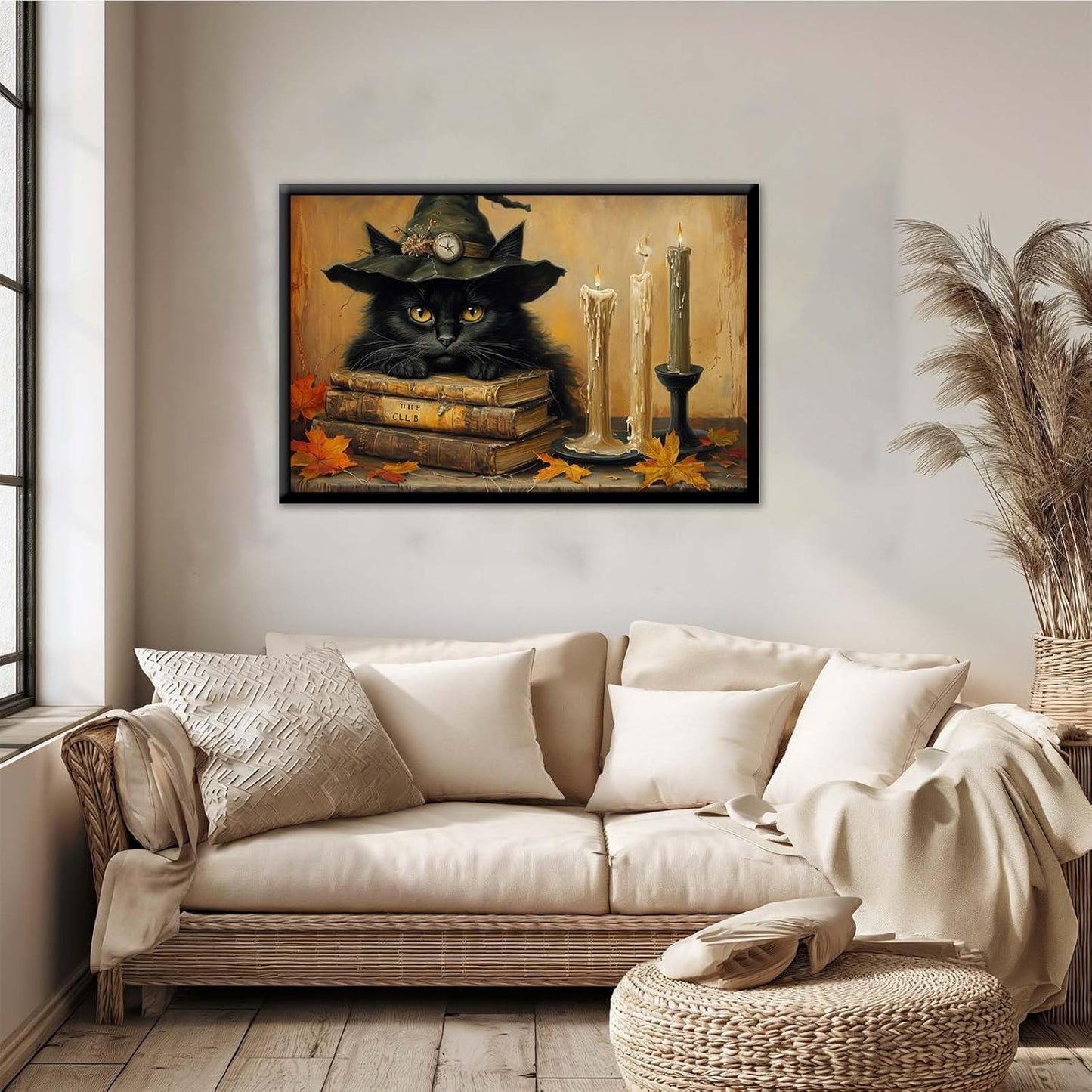 JFHCQJPK Vintage Halloween wall decoration black cat and magic book suitable for home bedroom living room decoration dark classic art witch wall decoration20x30in Metal blackFramed