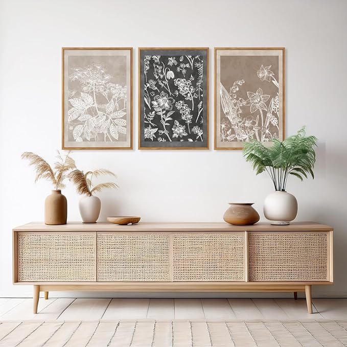HOURIA 3Pcs Large Plant Leaf Flower Silhouette Framed Canvas Wall Art(16"x24"),Minimalist Botanical Wall Paintings Neutral Floral Wall Decor Modern Black Brown Art Print For Living Room Bedroom Office