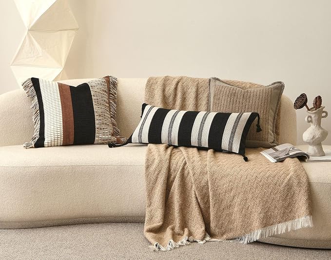 Decorative Lumbar Pillow Cover 12x28, Handwoven Boho Long Body Pillowcase, Farmhouse Linen Cotton Pillow Cushion Case for Sofa, Bed, Living Room, Bedroom(Black and White)