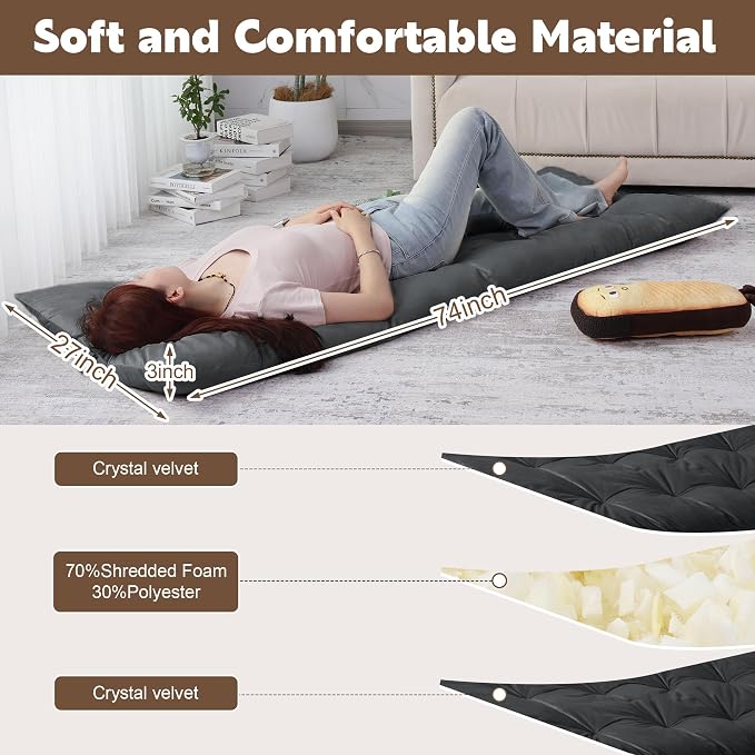 BALAPET Floor Lounger Pillow,Foldable Light Thick Tufted Floor Pillow Cushion with Elasticized Webbing for Easy Storage Floor Lounger for Meditation, Playing, Yoga, Reading, Sleeping(Dark Gray)