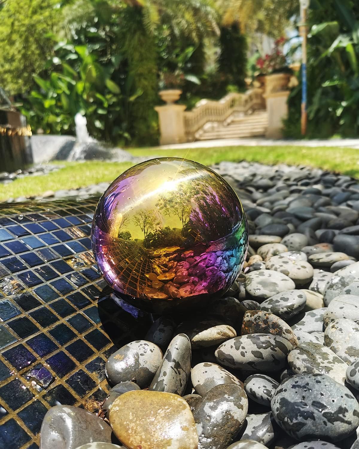 Rainbow Gazing Globe Mirror Ball in Stainless Steel, Shiny Hollow Sphere Sparkling Housewarming Outdoor Ornament (6 Inch)