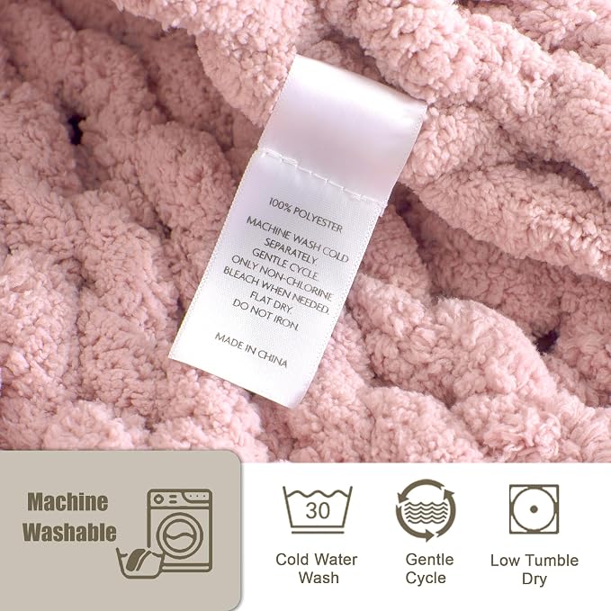 Chunky Knit Throw Blanket 50x60, 100% Handmade Chenille Yarn | 4.4lbs Soft Thick Cable Knitted Blankets, Large Rope Knot Crochet Throws for Couch Sofa Bed Machine Washable, Dusty Pink
