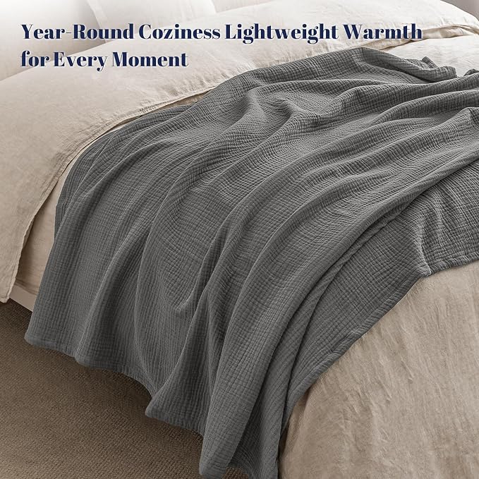 PHF 100% Cotton Muslin Blanket King Size 108"x90", 4-Layer Lightweight Gauze Throw, Breathable Cloud-Soft Minimalist Blanket for Bed, Couch, Camping & Baby, Greyish Black, Ideal Gift