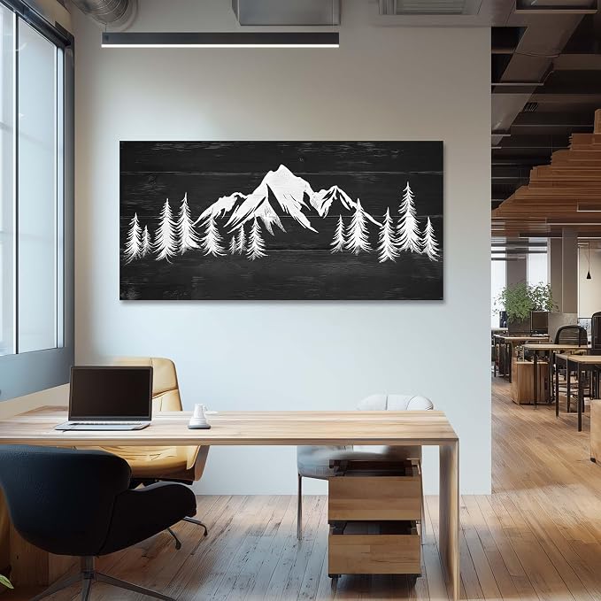 Ggaafet Black and White Mountain Forest Wall Art for Bedroom Canvas Painting Prints Retro Wood Rustic Landscape Art Deco Vintage Nature Artwork Office Farmhouse Dining Room Decor