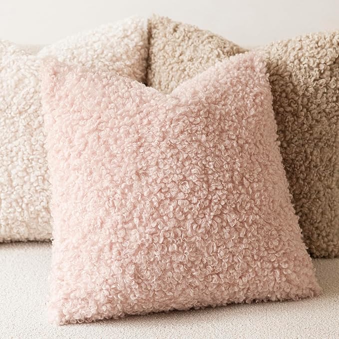 Foindtower Set of 2 Curly Teddy Wool Pillow Covers Decorative Boucle Textured Lumbar Throw Pillow Faux Fur Sherpa Pillowcases Sheepskin Fuzzy Cushion Case for Sofa Bedroom Car 12"x20" Light Pink