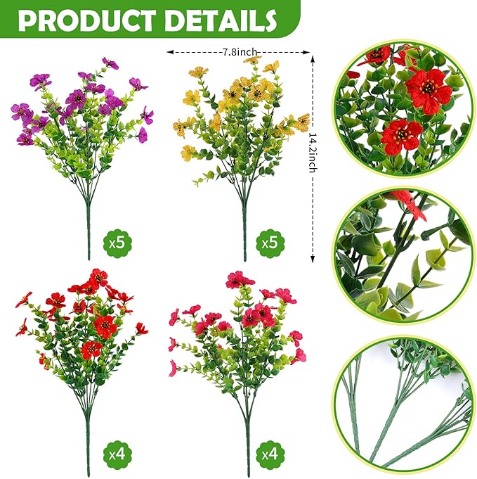 Rowfad 18 Pcs Artificial Daisy Flowers for Outdoors UV Resistant Fake Plastic Colorful Spring Flowers Faux Silk Plants for Outside Porch Easter Patio Home Decor (18, Red, Purple, Yellow, Rose Red)