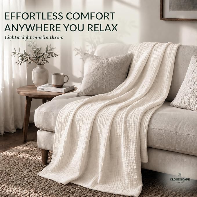 CLOUDSCAPE 4 Layer Muslin Blanket for Adults - 100% Cotton Throw Blanket - 50"x70" Oversized Gauze Throw for Sofa, Couch - Soft Lightweight Breathable Muslin Cotton Throws for Summer - Ivory