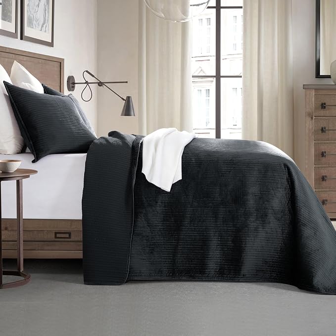 Elegant Comfort Luxury 3-Piece Velvet Corduroy Stripe Quilt Set, Ultra Soft Bedspread - Cozy Velvet Coverlet Set - 3PC Medium Weight Quilted Set with Matching Pillow Shams, Twin XL, Black
