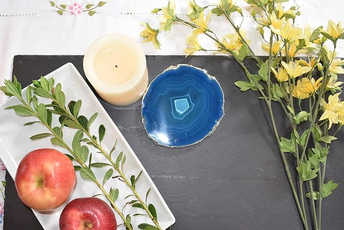 Nature's Decorations Blue Silver Rimmed Agate Stone Coasters - Set of 4, Polished Geode Drink Mats for Dining & Coffee Table & Kitchen Geode Decor Non-Toxic 3.5-4” Diameter