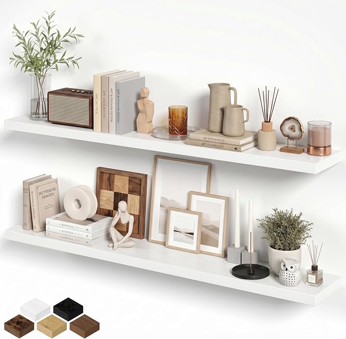 Fun Memories 72 Inch Floating Shelves for Wall 8 Inch Deep White Shelves Set of 2, Wall Mounted Rustic Wood Long Floating Shelf, Large Display & Storage Shelf with Invisible Brackets