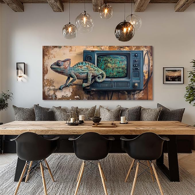 Ggaafet Retro Chameleon Wall Art for Bedroom Canvas Painting Prints Rustic TV Television Art Deco Fantasy Artwork Office Farmhouse Dining Room Decor