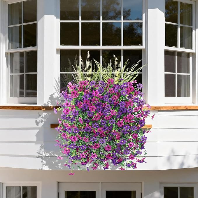 Artificial Fake Flowers Plants for Outdoor Decoration,3 Pcs Faux Hanging Flowers with Boston Ferns Spring Summer Decor,UV Resistant Realistic Fake Silk Flowers for Planter Balcony Yard Porch Garden
