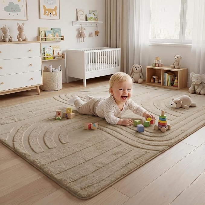 1.3" Extra Thick Fluffy Baby Play Mat for Floor,6'×9'Large Padded Kids Rug with Ultra Soft 3D Carved Faux Rabbit Fur,Non-Slip Carpet Nursery Rug Area Rug for Playroom Living Room(Light Brown)