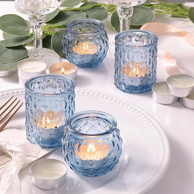 DARJEN 12Pcs Blue Votive Candle Holders- Glass Candle Holder for Vintage Decoration, Tea Lights Candle Holders for Wedding, Party Table Centerpieces & Gift