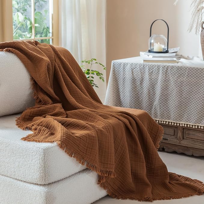 Muslin Fringe Blankets for Adults: 100% Cotton Cloud Soft | 4-Layer Gauze Breathable Lightweight All Season Throw Blanket for Bed Couch Sofa Office