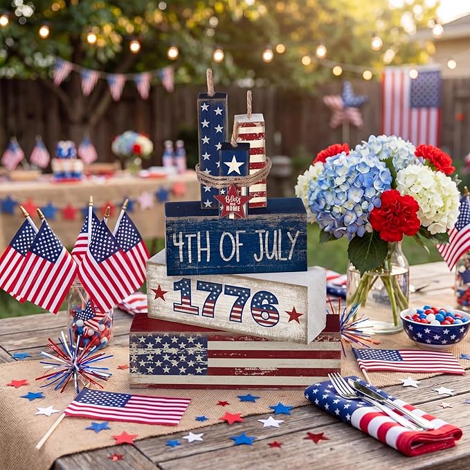 CroBlissful 4 Pcs 4th of July Decorations Patriotic Memorial Day Tabletop Decoration Red White Blue Table Centerpieces Sign for Office Tiered Tray Home Shelf 250th Anniversary(1776)